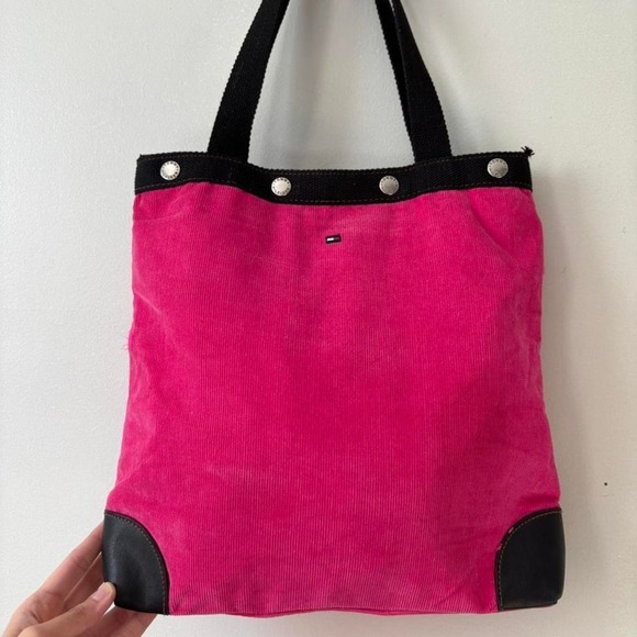 Tommy Hilfiger Handbags - Y2K Retro Pink Navy Blue Faux Leather Tommy Hilfiger Corduroy‎ Tote bag - Medium